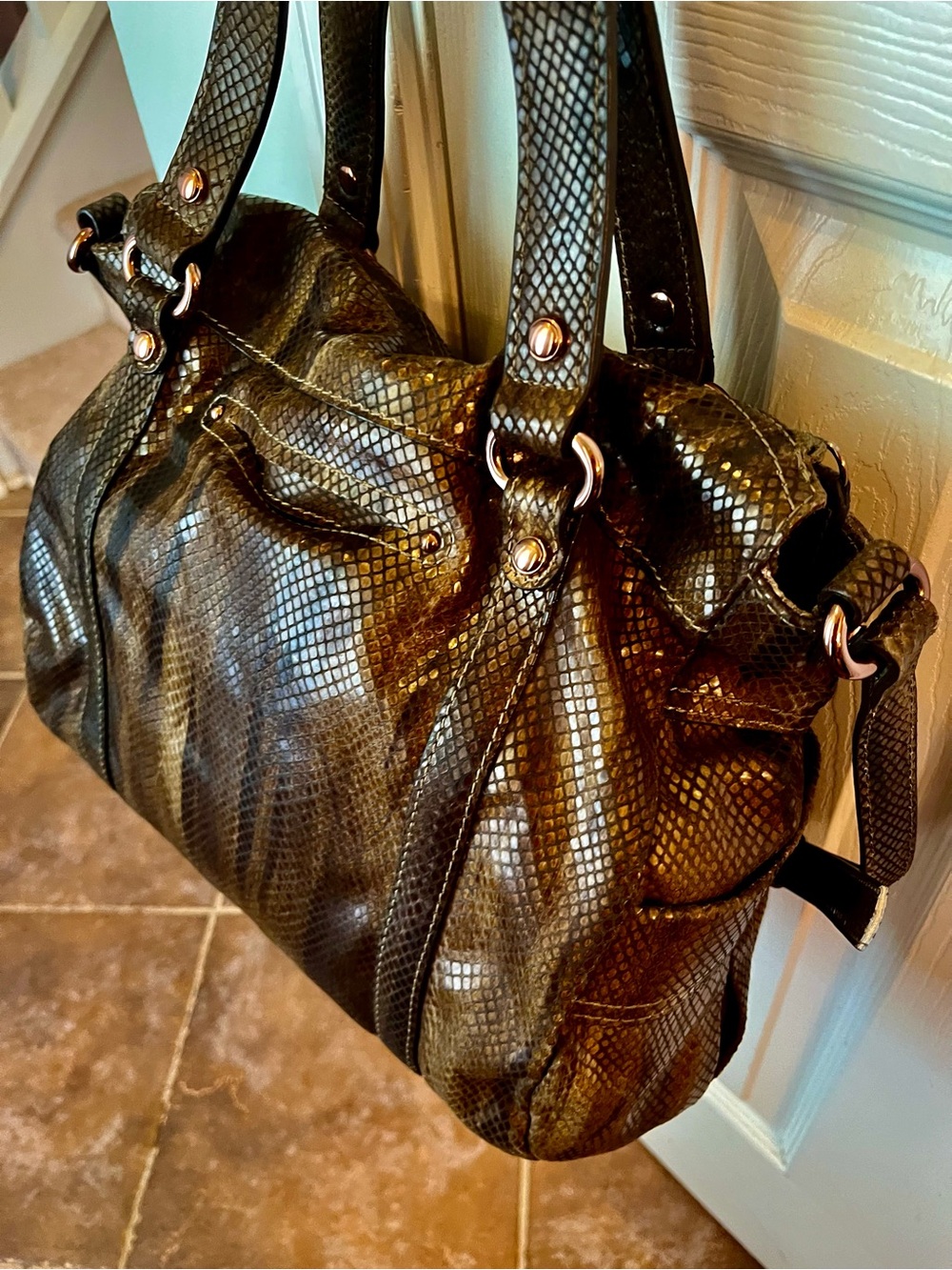 NWT-b. makowsky Olive Snake-Embossed Shoulder Bag with Rose Gold Accents